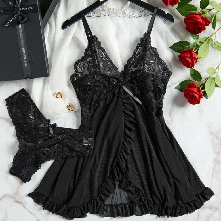 CHINEE-Autumn-Womens-Sexy-Lace-Two-Piece-Sleepwear-Nightdress-with-Suspender-Sleeves-Red