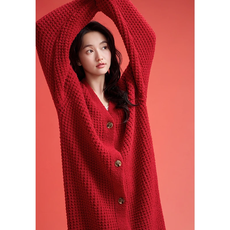 CHINEE Autumn and Winter Half pile Fleece Bathrobe Mid long Nightgown Loose Style Warmth and comfort Homewear for Women