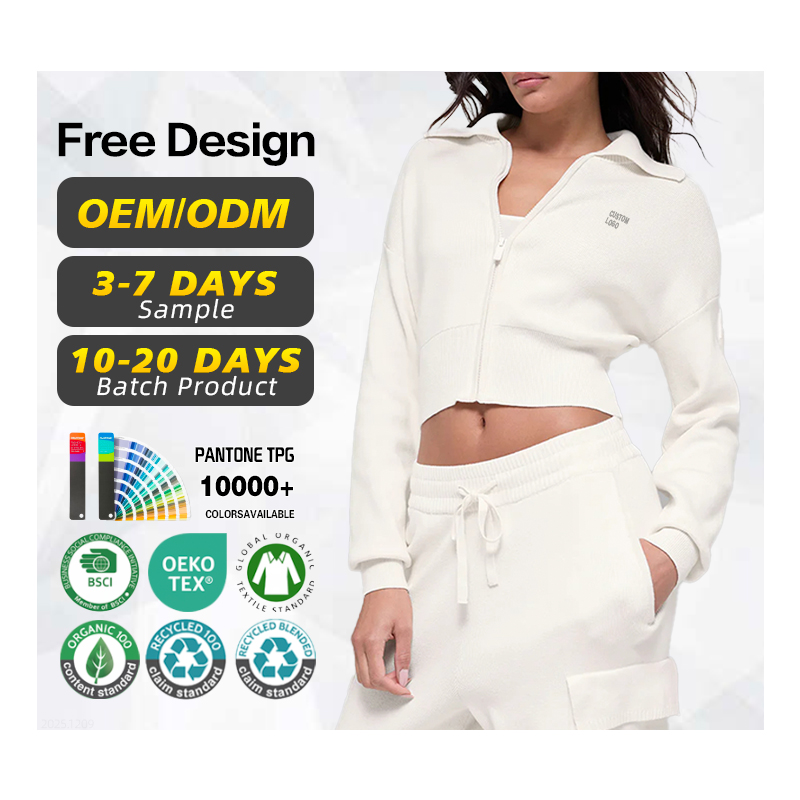 CHINEE BSCI Certification Winter Casual Women's Cotton Wool Soft Ribbed 2 Piece Cropped Cardigan Pants Set