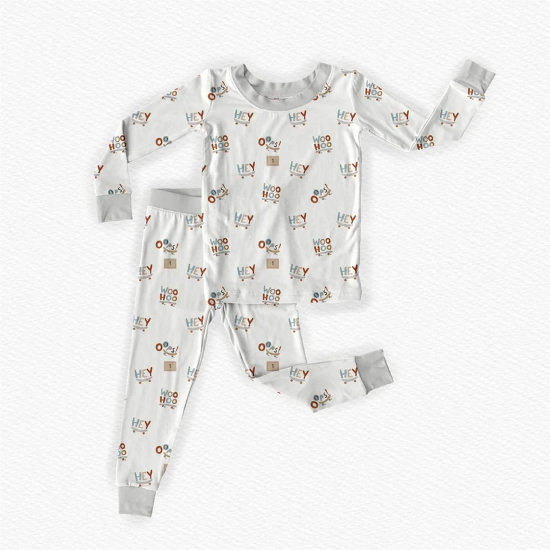 CHINEE Baby Bamboo Pajama Set Bunny Puppy Hibiscus Tropical Print Long Sleeve Top Pants Kids Sleepwear for Boys Girls