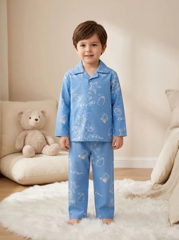 CHINEE Baby Boys Blue Printed Cotton Pajama Set Full Sleeve Turn-down Collar Button Closure Soft Casual Sleepwear Spring