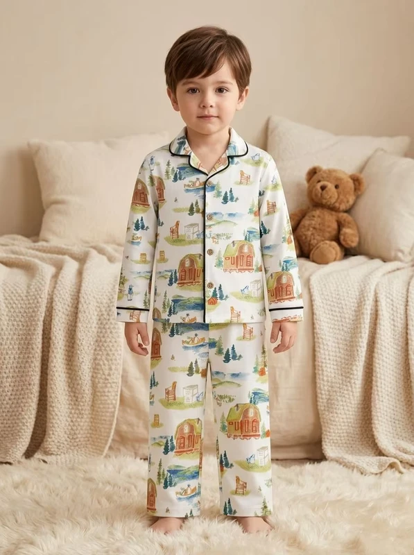 CHINEE Baby Boys Cotton Printed Pajama Set Full Sleeve Turn-down Collar Button Closure Soft Casual Sleepwear