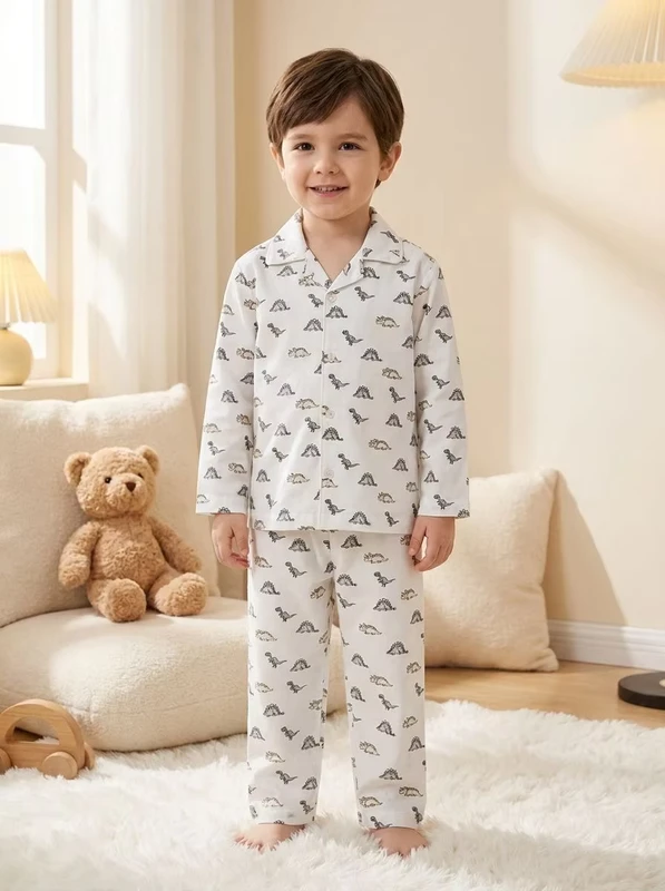 CHINEE Baby Boys Dinosaur Print Cotton Pajama Set Long Sleeve Turn-down Collar Soft Sleepwear for Infants & Toddlers