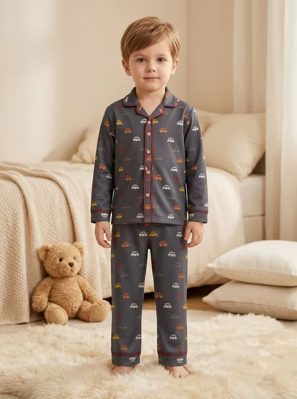 CHINEE Baby Boys Printed Car Pajamas Full Sleeve Cotton Soft Turn-down Collar Button Closure Autumn Wear for Infants & Toddlers