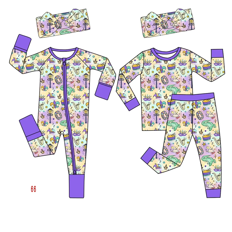 CHINEE Baby Custom Milk Silk Mardi Gras Baby Pajamas Set Mask Horn Purple Print Baby Zippy Clothing Kids Rompers