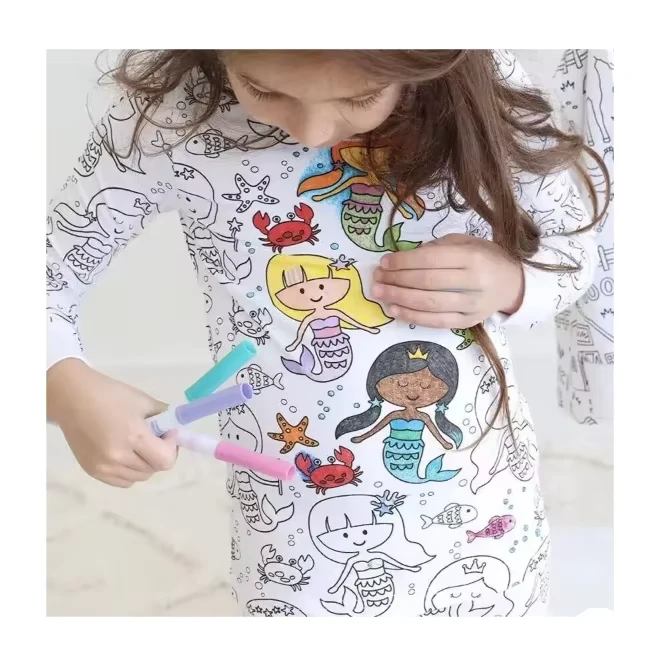 CHINEE Baby Girls Cartoon Cotton Pajama Sets Custom Print Pattern Long Sleeve DIY Colouring Pajamas