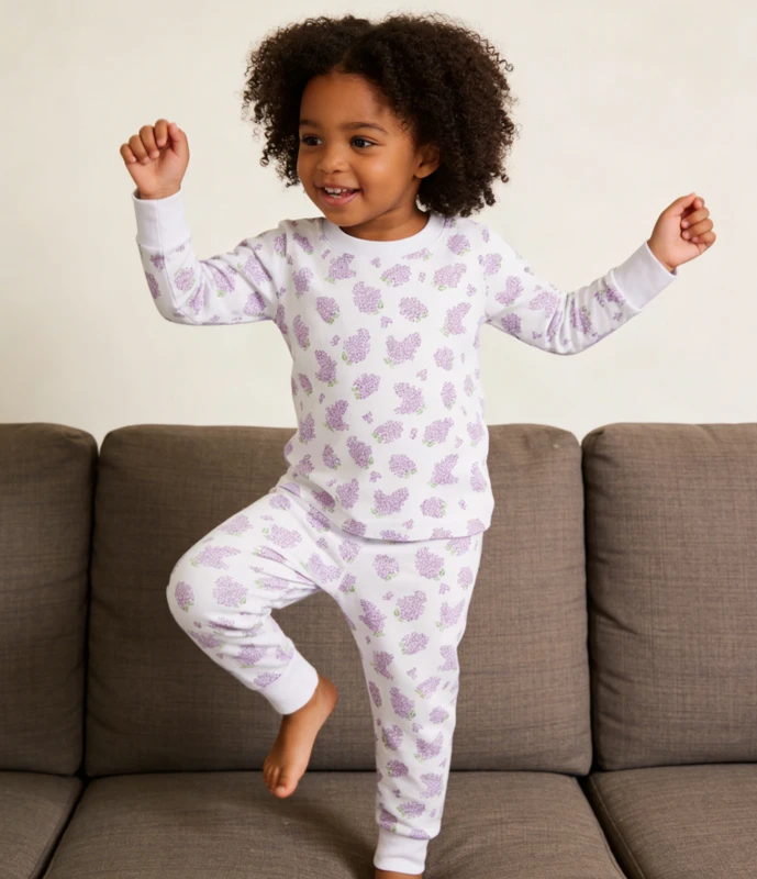 CHINEE Baby Girls Lilac Love Lilac Pajama Set White Toddler Pajamas Set Customized Kids Lounge Set
