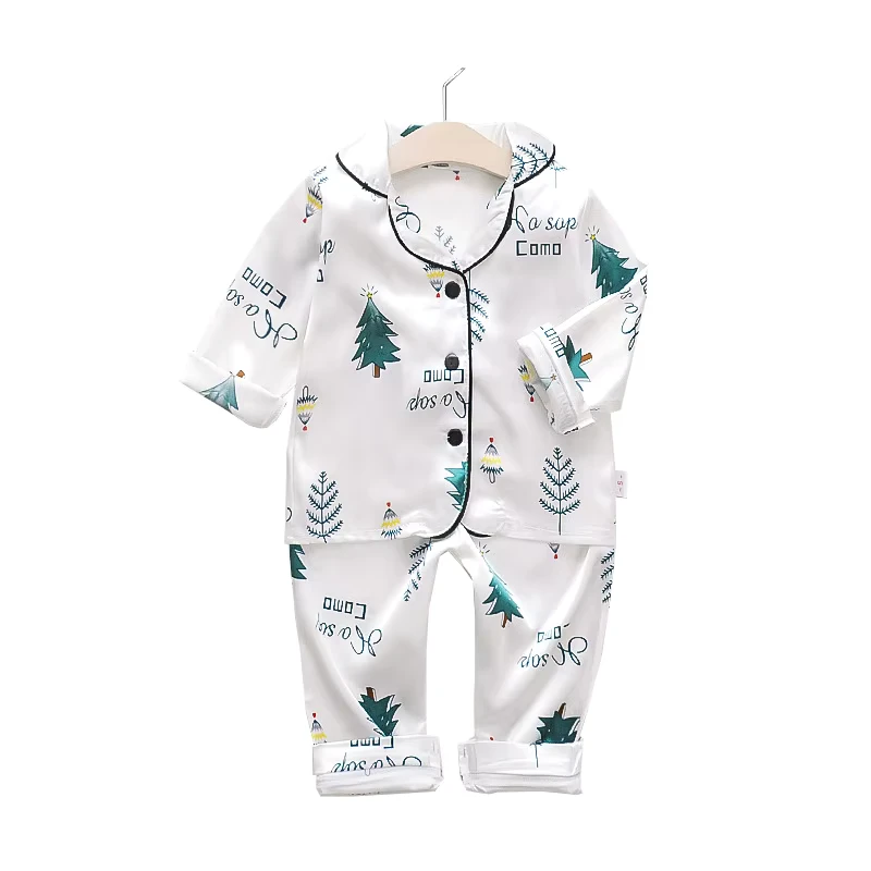 CHINEE Baby Pajamas for Spring Autumn 1 4 Yrs Kids Silk Cotton Long Sleeved Button Printed Two Piece Cartoon Breathable Sleepwear