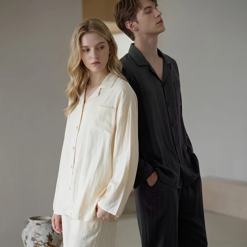 CHINEE Bamboo Fiber Couple Pajamas Autumn All season Use Long sleeved Cardigan Solid Color High end Breathable Men's