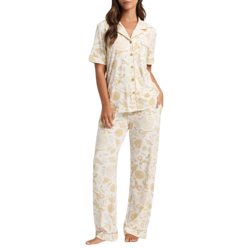 CHINEE Bamboo Knitted Floral Paisley Elegant Women's Pajama Set Comfortable Breathable Quick Dry Two Piece Elastic Waist Front Logo OEM