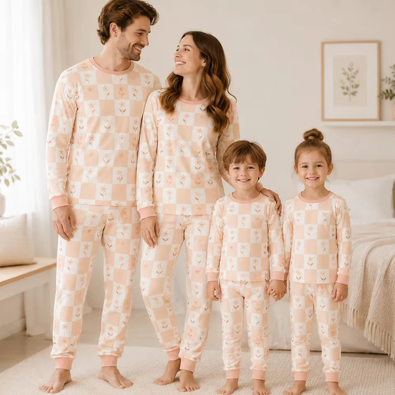 CHINEE Bamboo Spandex Family Matching Pajamas Soft Checkered Sleepwear Set Long Sleeve Loungewear for Mom Dad Kids
