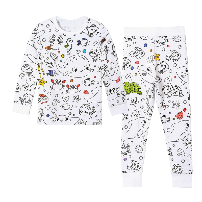 CHINEE Bamboo Spandex Toddler Cartoon Graffiti Pijama Long Sleeve 2pcs Diy Colouring Pajama Set Baby Hand painted Pyjama