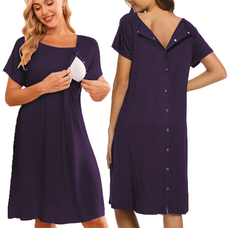 CHINEE Best Quality Hospital Gown Nursing Dress Maternity Nightgown Sleepwear for Breastfeeding with Button