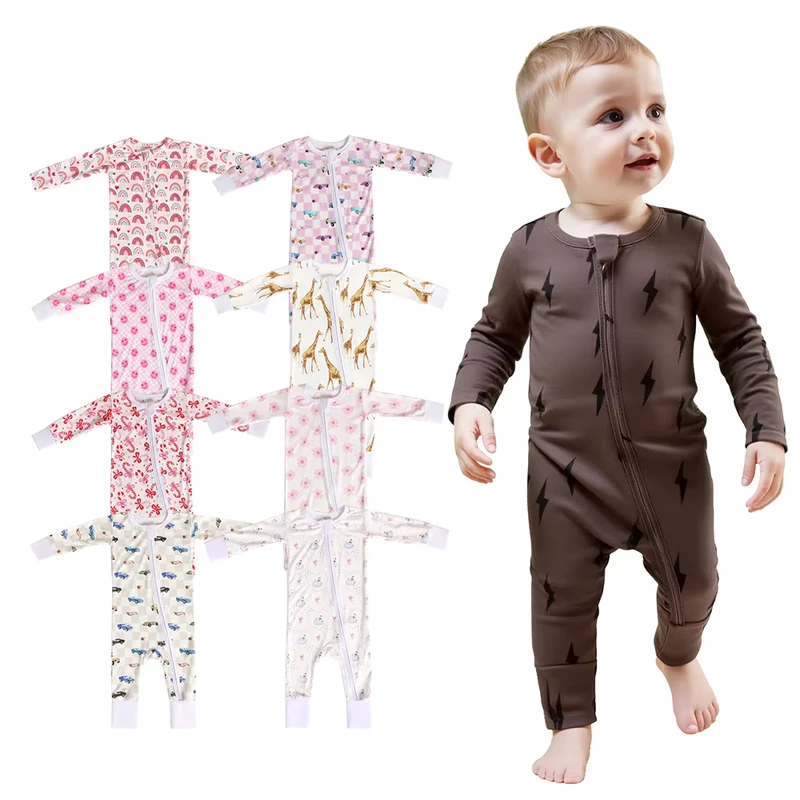 CHINEE Better Quality Clothing Manufacturer Infant Toddler Bamboo Pajamas Crew Neck Baby Rompers Retro Prints Baby Clothes