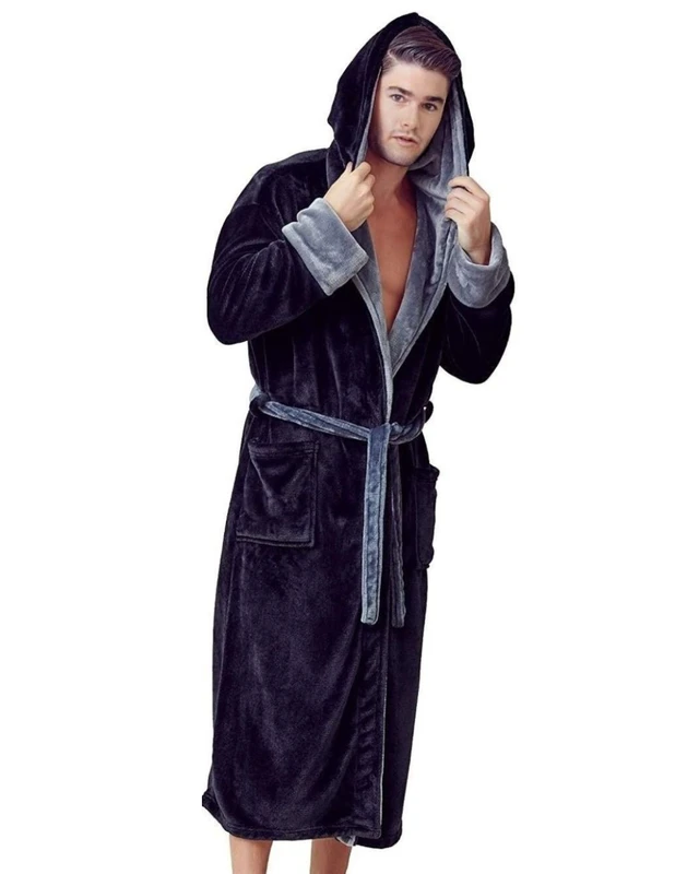CHINEE Black And Grey Hooded Men Bathrobe Soft Plush Long Winter Robe With Belt And Pockets Warm Cozy Luxury Fleece Home Wear Dressing
