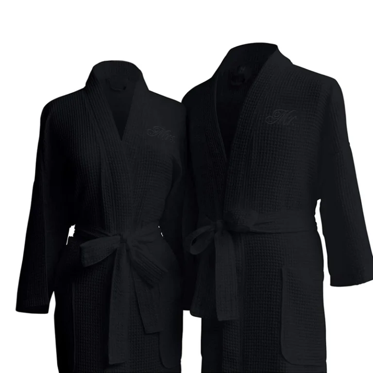 CHINEE Black Cotton Blended Waffle Kimono Bathrobe Soft & Quick Dry Spa Robe Lightweight Personalized Hotel Dressing Gown