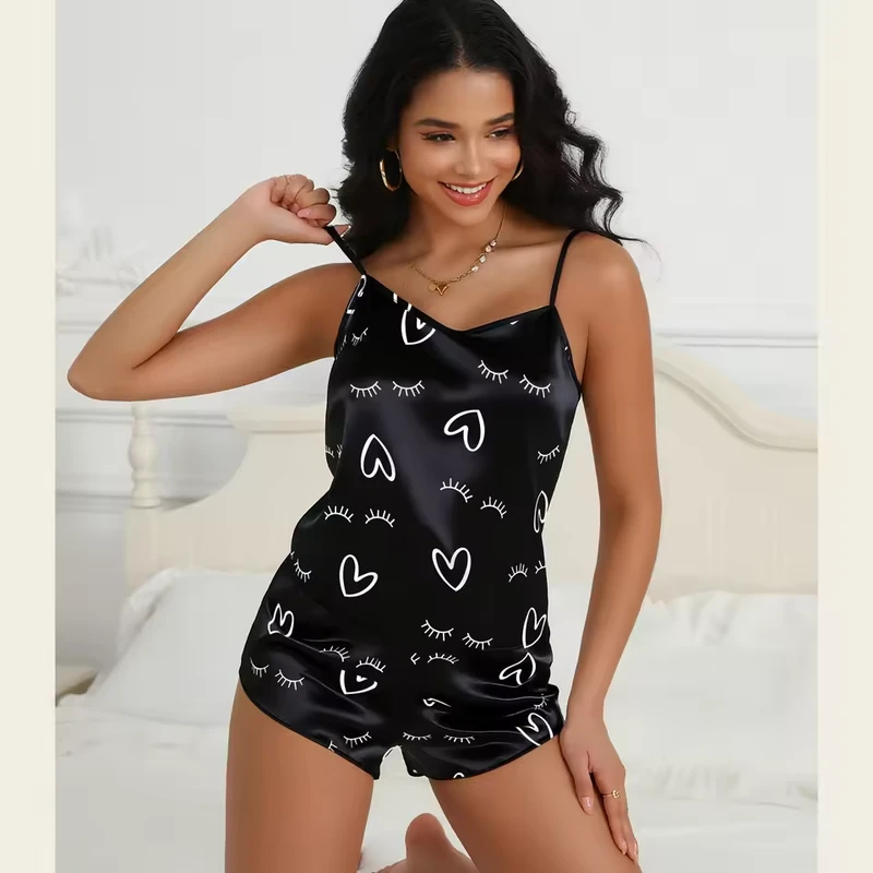 CHINEE Black Cute Printed Women's Pajama Set Smooth and Breathable Summer Camisole and Shorts Two Piece Loungewear