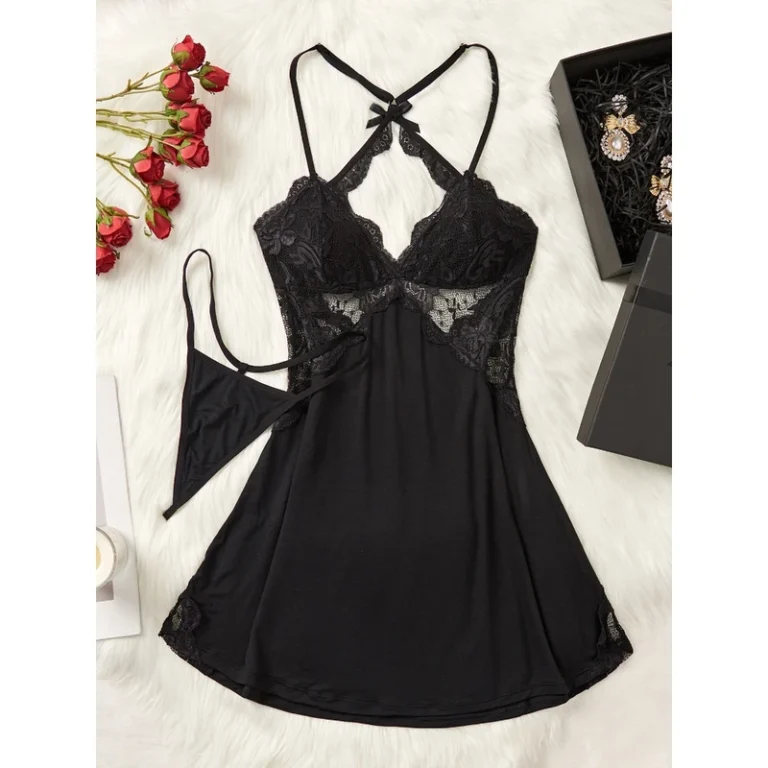 CHINEE-Black-Erotic-Womens-Sexy-Lace-See-through-Slip-Nightdress