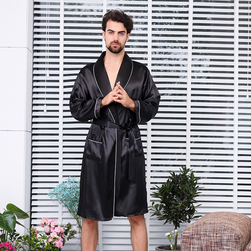 CHINEE Black Luxury Satin Robes Set Breathable Nighty Lingerie Night Gown for Men Summer Lounge Wear Men's Satin Bathrobe