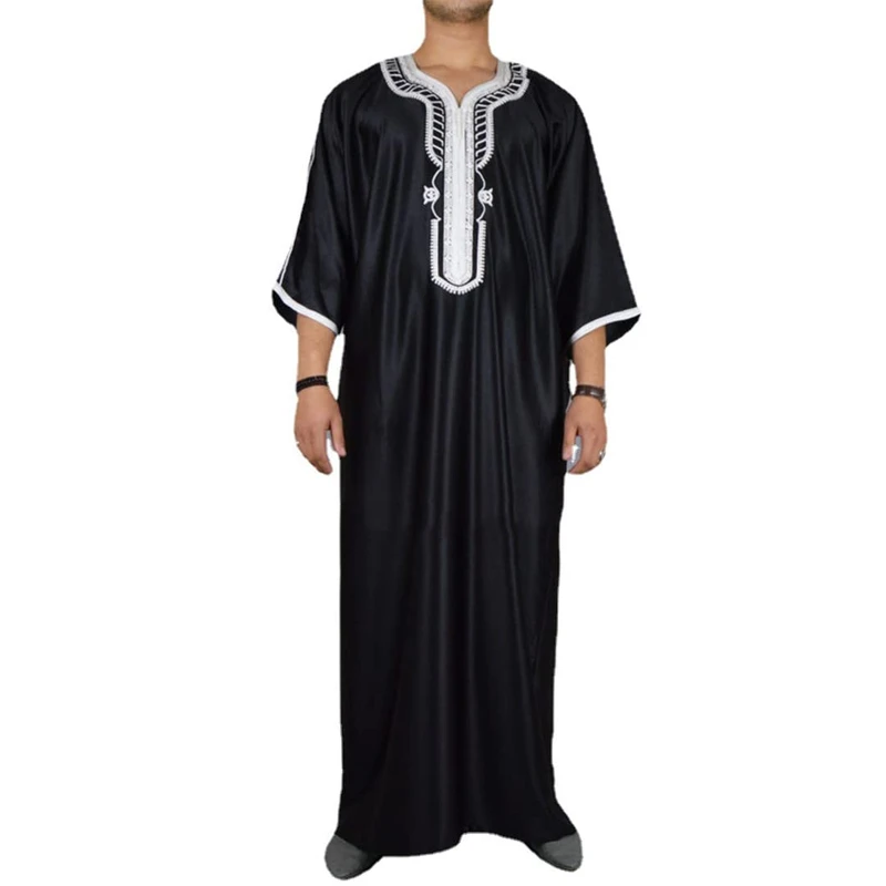CHINEE Black Men Thobe Islamic Robe Loose Fit Short Sleeve Cotton Kaftan for Daily Wear and Prayer