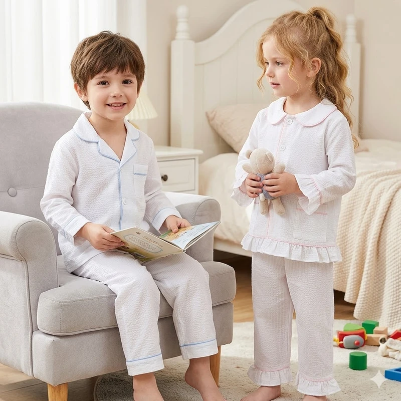 CHINEE Blank Seersucker Kids Pajamas Long Sleeve Solid White Sleepwear Set for Monogramming Custom Embroidery Boutique Toddler Pjs