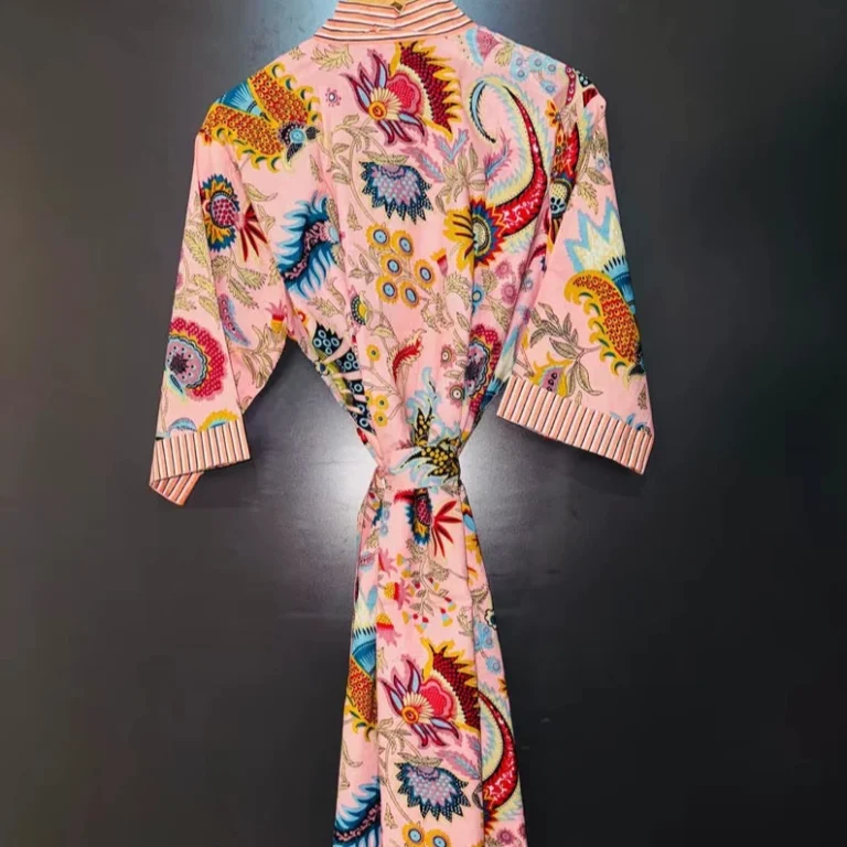 CHINEE-Block-Print-Cotton-V-neck-Full-Length-Kimono-Robe-Bridesmaid-Dressing-Gown-Quick-Dry-Long-Sleeves-Lightweight-Summer-Nightwear