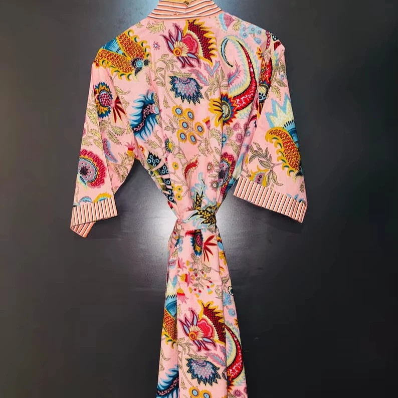 CHINEE Block Print Cotton V neck Full Length Kimono Robe Bridesmaid Dressing Gown Quick Dry Long Sleeves Lightweight Summer Nightwear