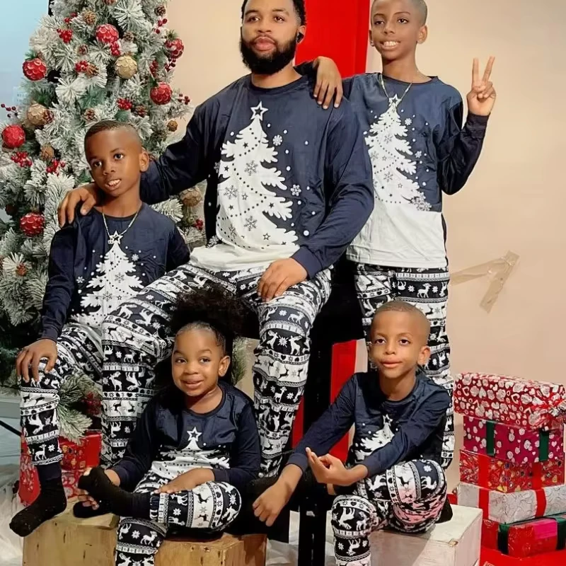 CHINEE Blue Family Matching Outfits Christmas Tree Printed Pajamas Set for Father Mother Kids