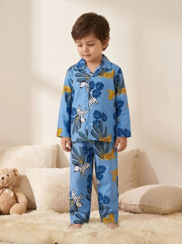 CHINEE Blue Printed Cotton Pajama Set Long Sleeve Turn down Collar Button Closure for Baby Boys Infants & Toddlers Spring Wear