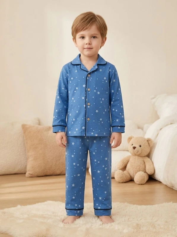 CHINEE Blue Star Print Cotton Pajama Set Full Sleeve Turn down Collar Button Closure for Baby Boys Infants & Toddlers Autumn Casual We