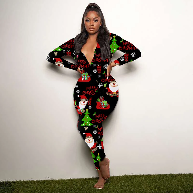 CHINEE Bodycon Jumpsuits Drop Shipping Long Sleeve Romper Bodysuit Women Adult Wap V Neck Onesie Christmas Pajamas With Button Flap