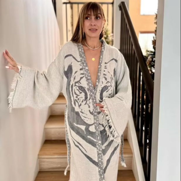 CHINEE Bohemian Style Indian Cotton Tiger Print Kimono Maxi Bathrobe Sleepwear Handmade Robes Night Dressing Kimono Robe