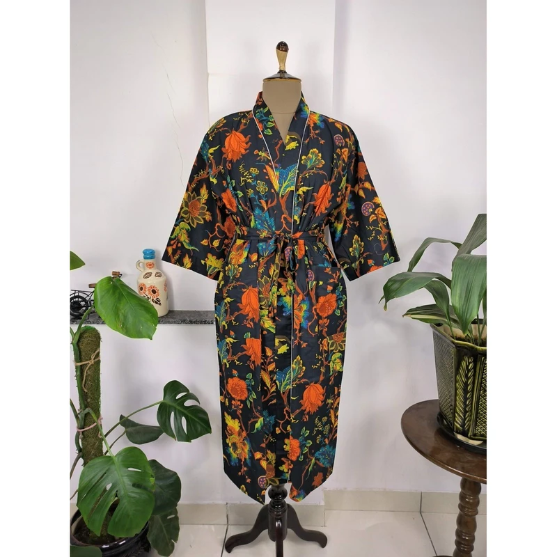 CHINEE Boho House Robe Indienne Imprime La Main Kimono Botanique En Coton Parfait Pour Les Vacances D't De Luxe La Plage