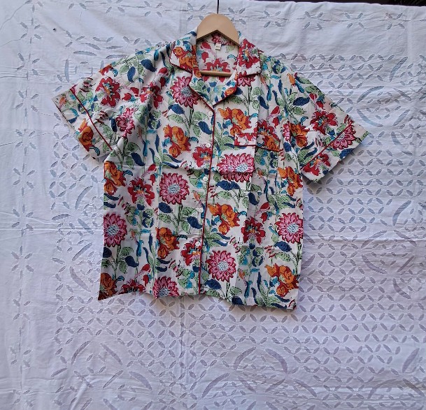 CHINEE Bold Floral Print Cotton Womens Short Sleeve Sleep Shirt Button Down Multicolor Soft Breathable Summer Nightwear Lounge Top
