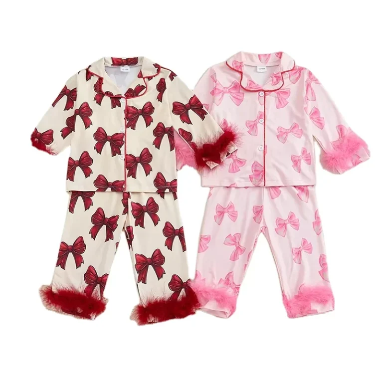 CHINEE-Boutique-Baby-Girls-Loungewear-Clothing-Coquette-Bow-Feathered-Flare-Pajamas-Set-Coquette-Kids-Girls-Feather-Pajamas-Clothes-Set