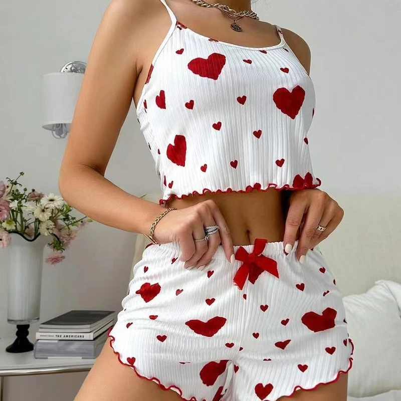 CHINEE Boutique Style Women Heart Print Pajama Set Ribbed Knit Camisole and Shorts 2 Piece Loungewear Pink White Black Red Blue