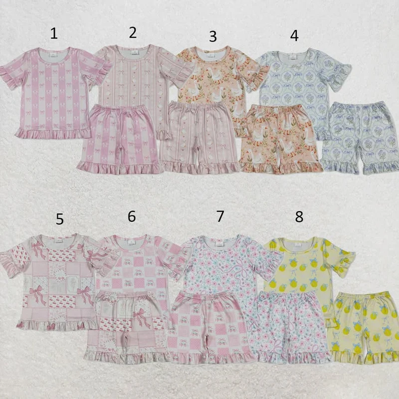 CHINEE Boutique Toddler Pajama Set Bow Stripe Print Ruffle Short Sleeve Top + Shorts Breathable Baby Girl Clothing Set