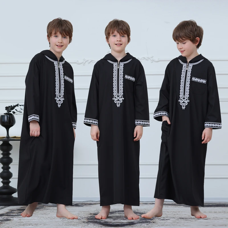 CHINEE Boys Muslim Thobe Black Long Sleeve Hooded Zipper White Embroidered Kaftan Kids Islamic Jubba Arab Robe Ramadan Prayer Dress