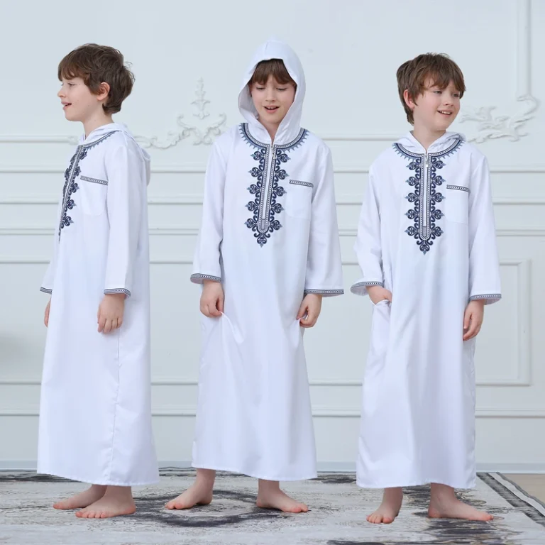 CHINEE Boys Muslim Thobe White Long Sleeve Hooded Zipper Navy Embroidered Kaftan Kids Islamic Jubba Arab Robe Ramadan Prayer Dress