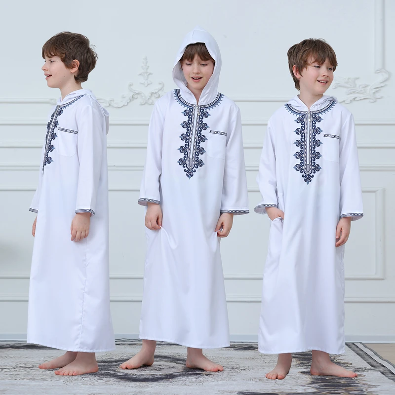 CHINEE Boys Muslim Thobe White Long Sleeve Hooded Zipper Navy Embroidered Kaftan Kids Islamic Jubba Arab Robe Ramadan Prayer Dress
