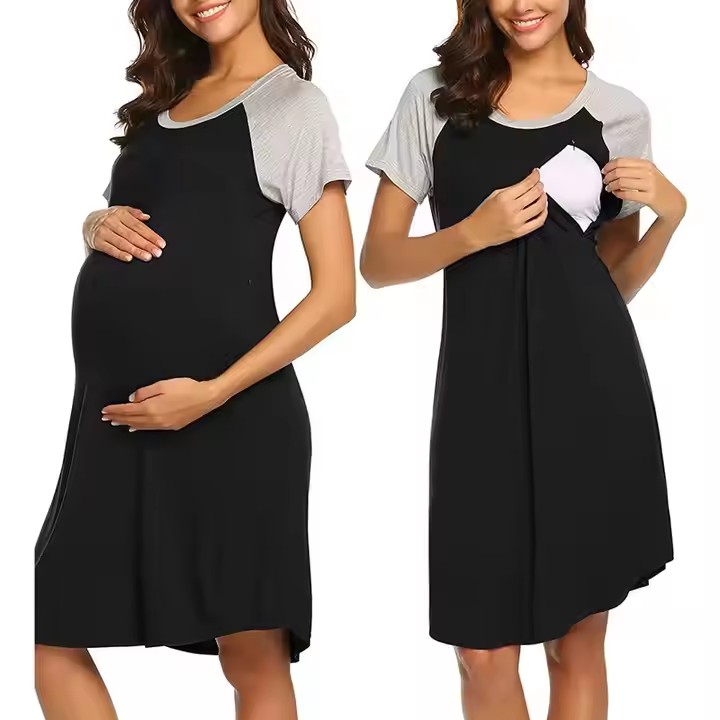 CHINEE Breastfeeding Nightgown Motherhood Maternity Zipper Dresses Nursing Hospital Gown Pregnancy Pajamas Pregnant Women Dress