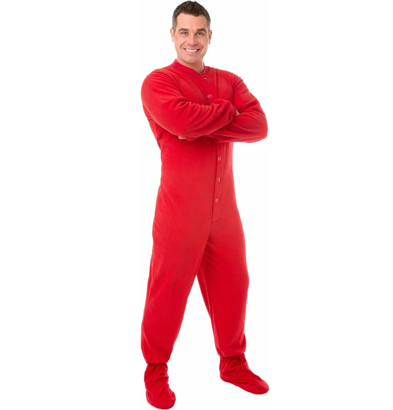 CHINEE Breathable Fleece Embroidered One Piece Footed Pajamas Men Red Color Onesie Hooded Jumpsuit Sleepwear Indoor