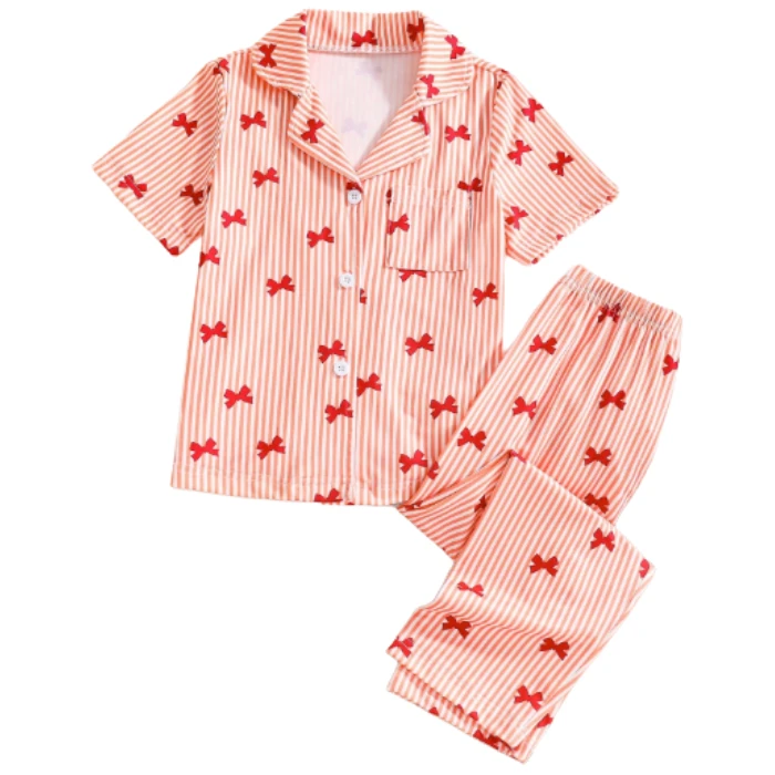CHINEE Breathable Girls Pajamas Set Short Sleeves with Bow Print and Striped Pattern Button Up Toddler Sleepwear