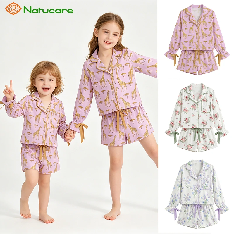 CHINEE Breathable Girls Vintage Floral Print Sleepwear Set Autumn Ruffled Nightgown Pajamas Elastic Waist & Soft Fabric Kids Nightwear