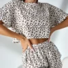 CHINEE Breathable Leopard Print Summer Women's Short Sleeve Pajama Shorts Homewear