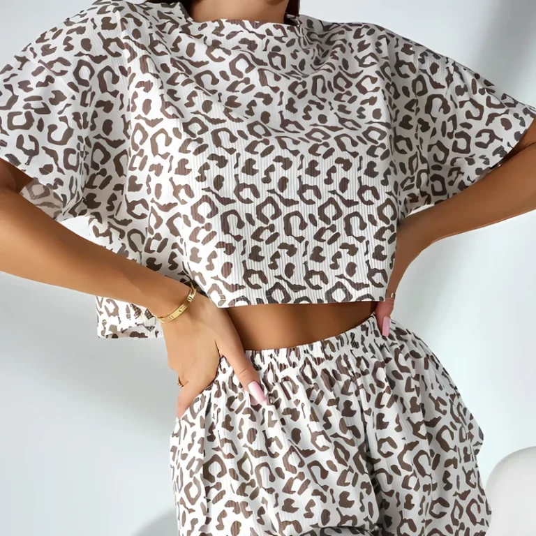 CHINEE Breathable Leopard Print Summer Women's Short Sleeve Pajama Shorts Homewear