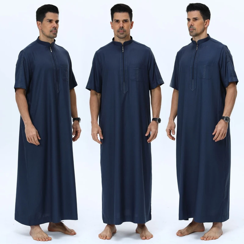 CHINEE Breathable Short Sleeved Men's Robe Stand Collar Saudi Style Zipper Thobe for Summer