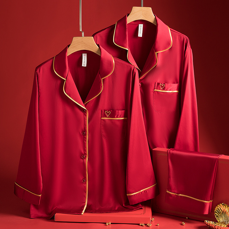 CHINEE Breathable Solid Front Logo V neck Couple Pajamas For Wedding Newlyweds Summer Satin Red Men's And Women's Wedding Set
