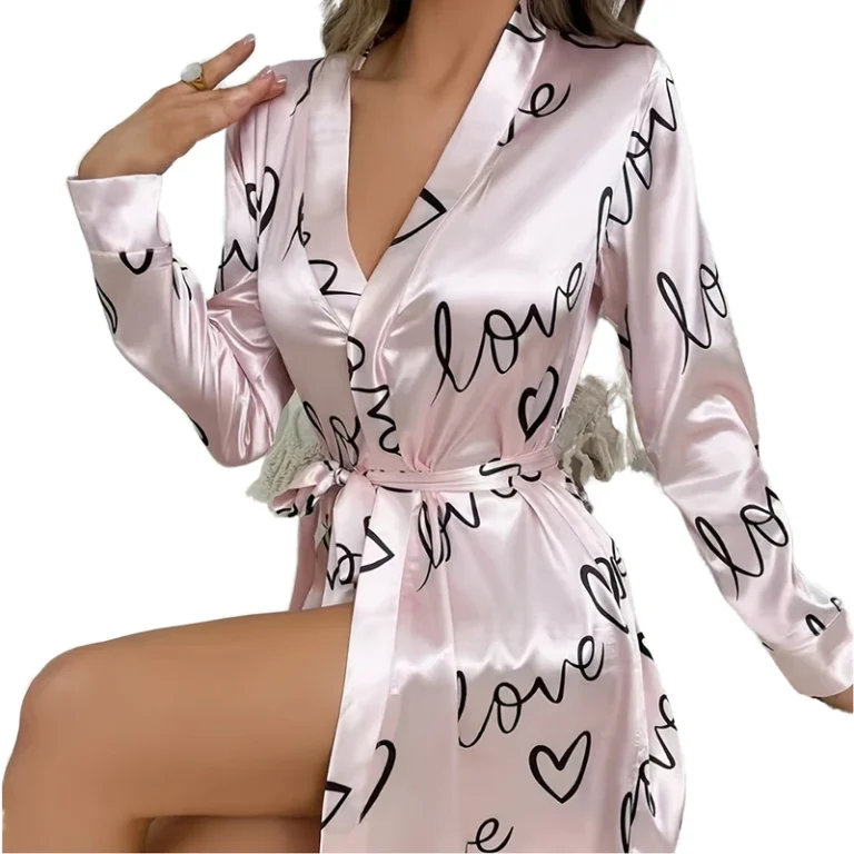 CHINEE Breathable Summer Printed Long Sleeved Lace Bathrobe Casual And Sexy Pyjama Pour Femme
