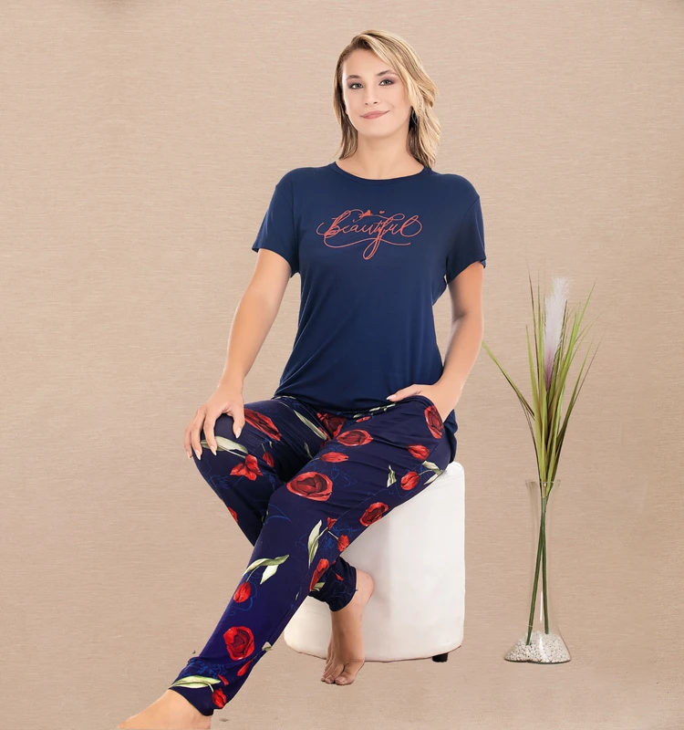 CHINEE Breathable Turkish Viscose Casual Dot Women's Summer Nightwear Eco Friendly Soft Pajama Set Long Sleeve Shorts Knee Length